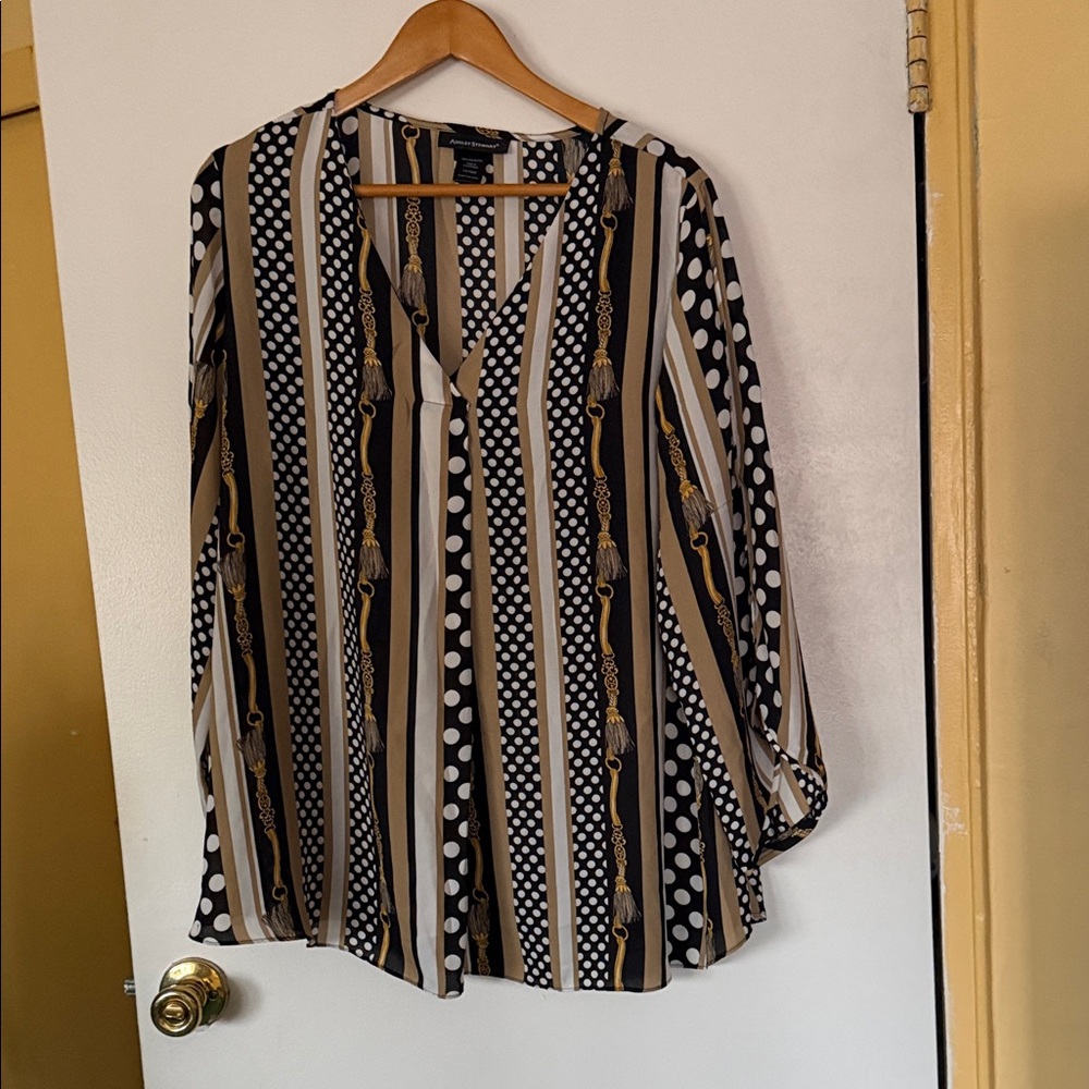 Ashley Stewart Black, White, and Gold Striped Blouse
